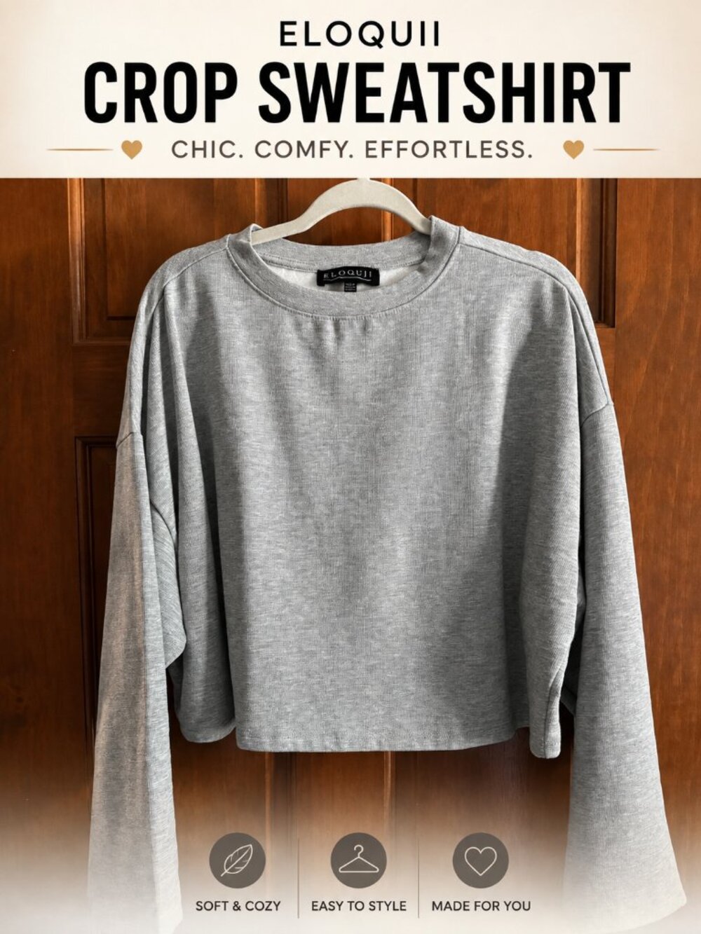 ELOQUII NWT Gray Cropped Sweatshirt Plus Size 18/20 Oversized Sleeve Top